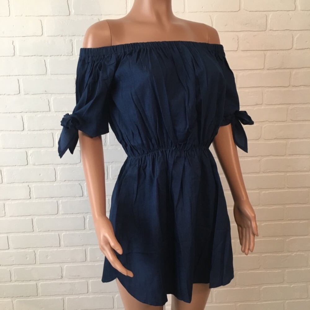 Off shoulder dark jean dress.